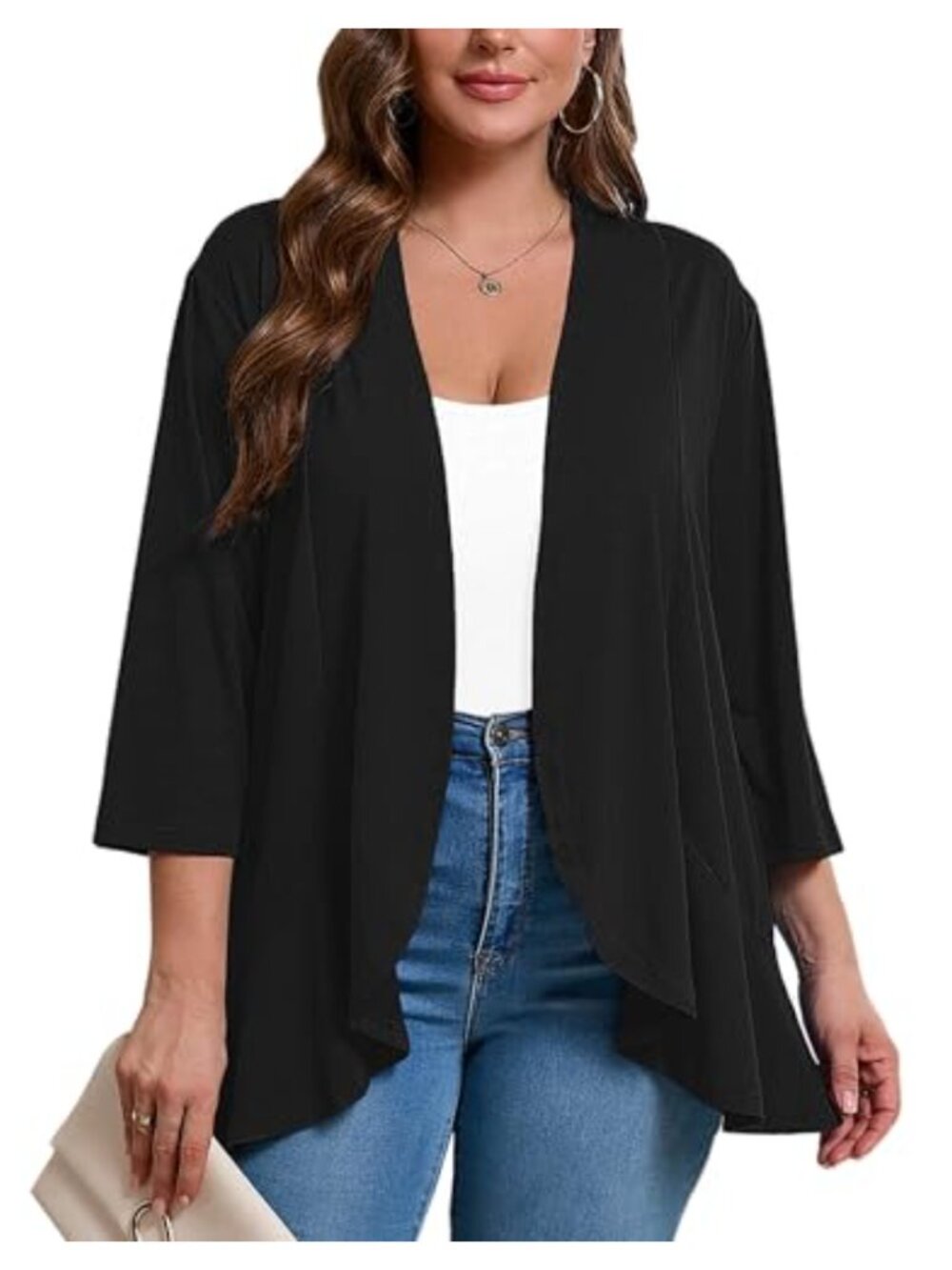 Plus Size 3/4 Sleeve Open Front Cardigan Lightweight Draped Ruffles